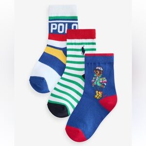 NWT Polo Ralph Lauren Blue 3-Pack Crew Ankle Bear Socks Sz 9-11